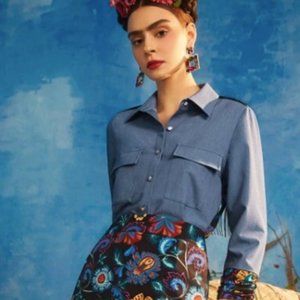 Frida Kahlo X SHEIN X Designer Figure Graphic Flap Pocket Fringe Trim Shirt